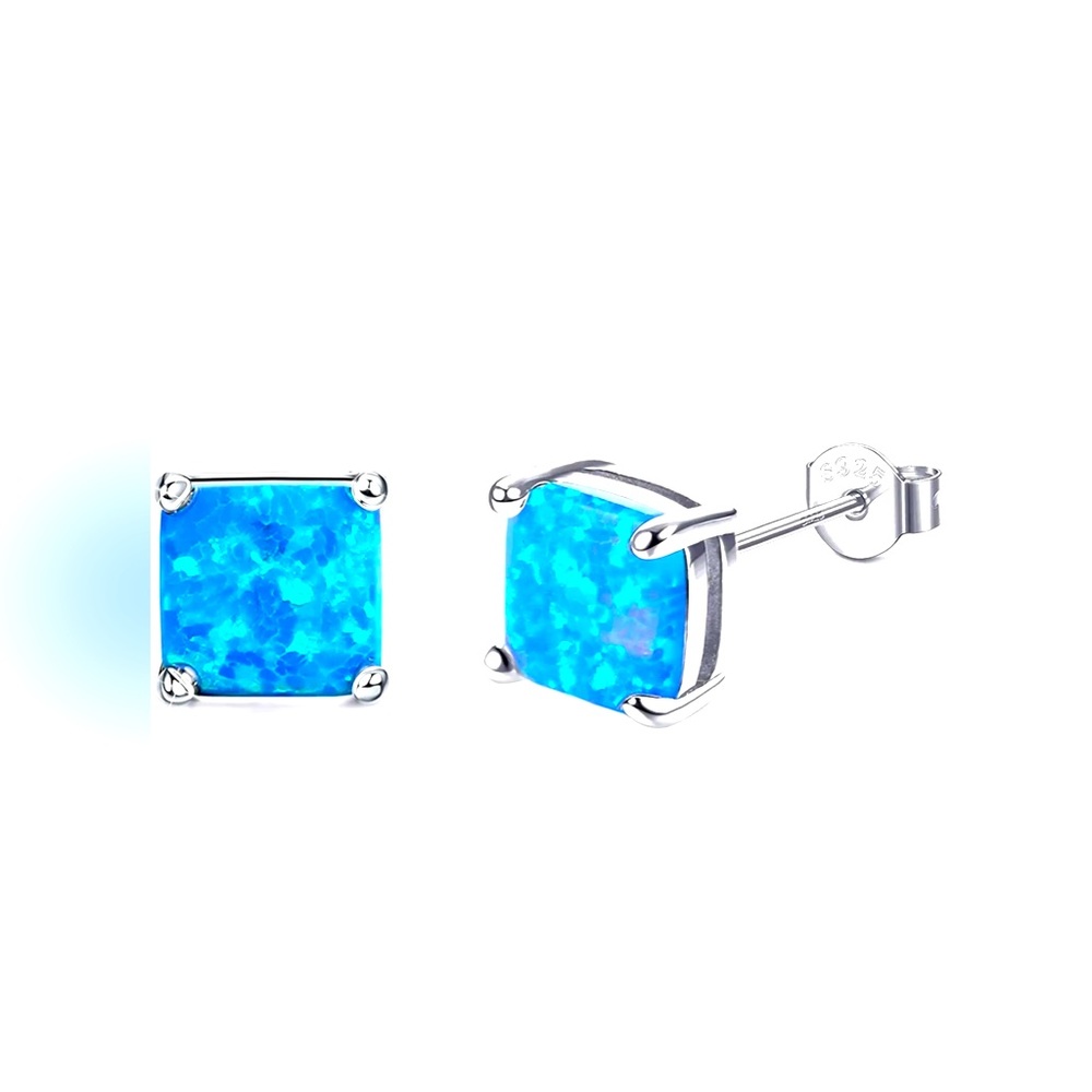 925 Sterling Silver 6mm Princess Cut Square Blue Fire Opal Stud Earrings
